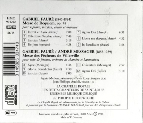 La Chapelle Royale, Ensemble Musique Oblique, Philippe Herreweghe ‎– Fauré: Requiem (Version 1893) (1988)