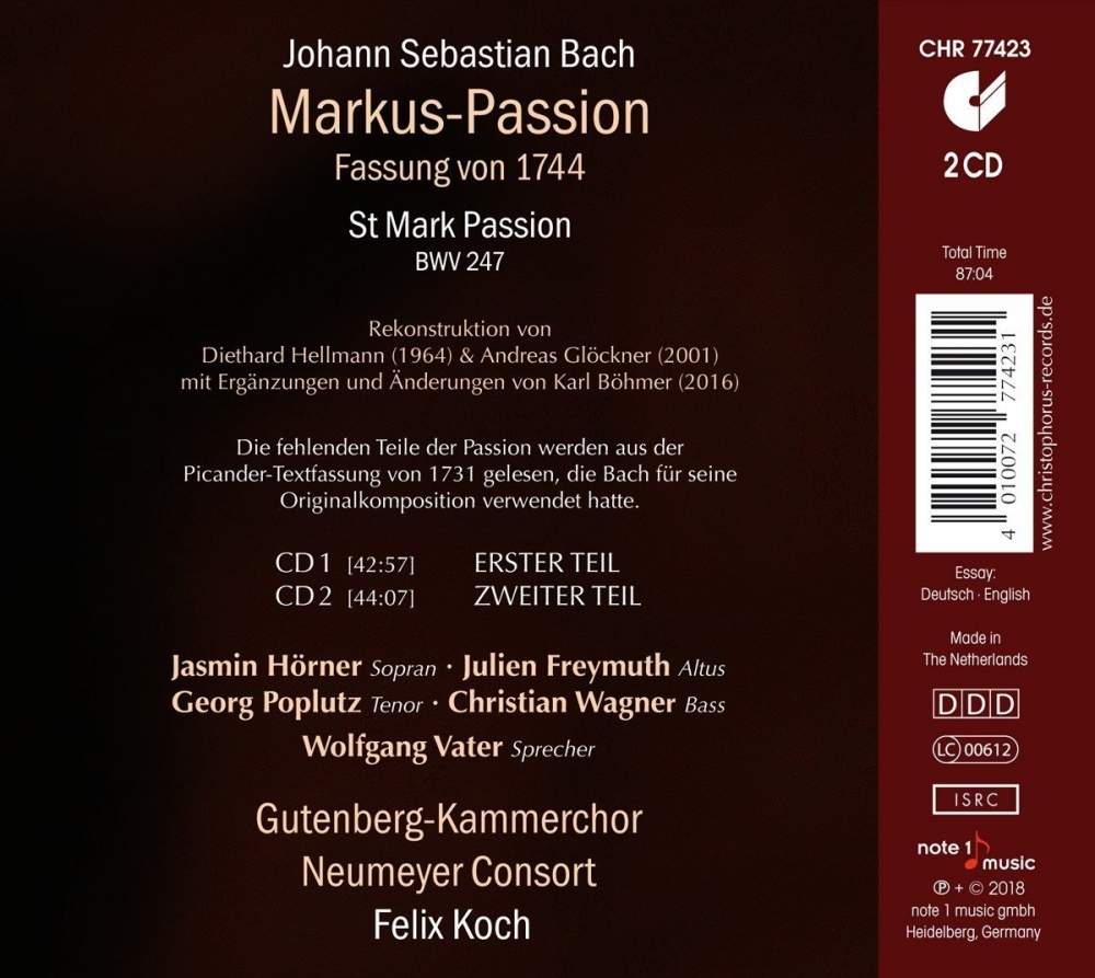 Gutenberg-Kammerchor, Neumeyer Consort & Felix Koch - Bach: St. Mark Passion, BWV 247 (2018)