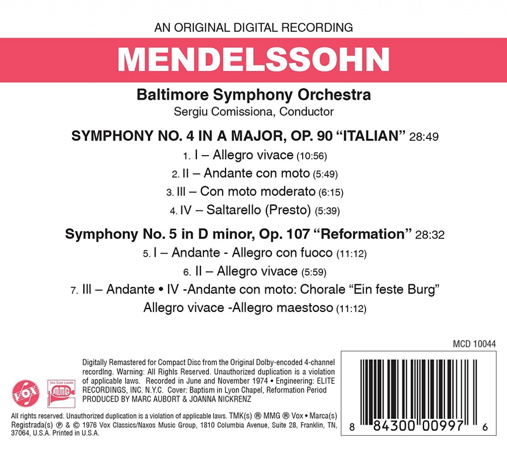 Baltimore Symphony Orchestra, Sergiu Comissiona - Mendelssohn: Symphony No. 4 in A Major "Italian" & Symphony No. 5 in D Major "Reformation" (2018)