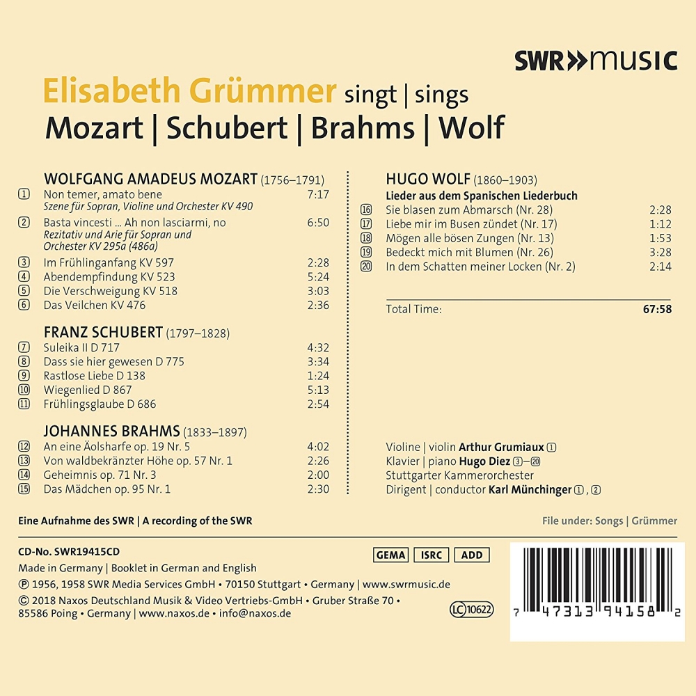 Elisabeth Grümmer - Elisabeth Grümmer Sings Mozart, Schubert, Brahms & Wolf (2018)