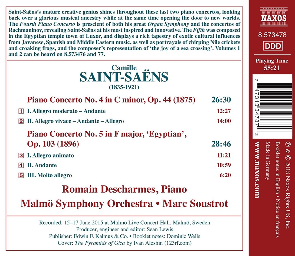Romain Descharmes, Malmö Symphony Orchestra & Marc Soustrot - Saint-Saëns: Piano Concertos Nos. 4 & 5 (2018) [Hi-Res]