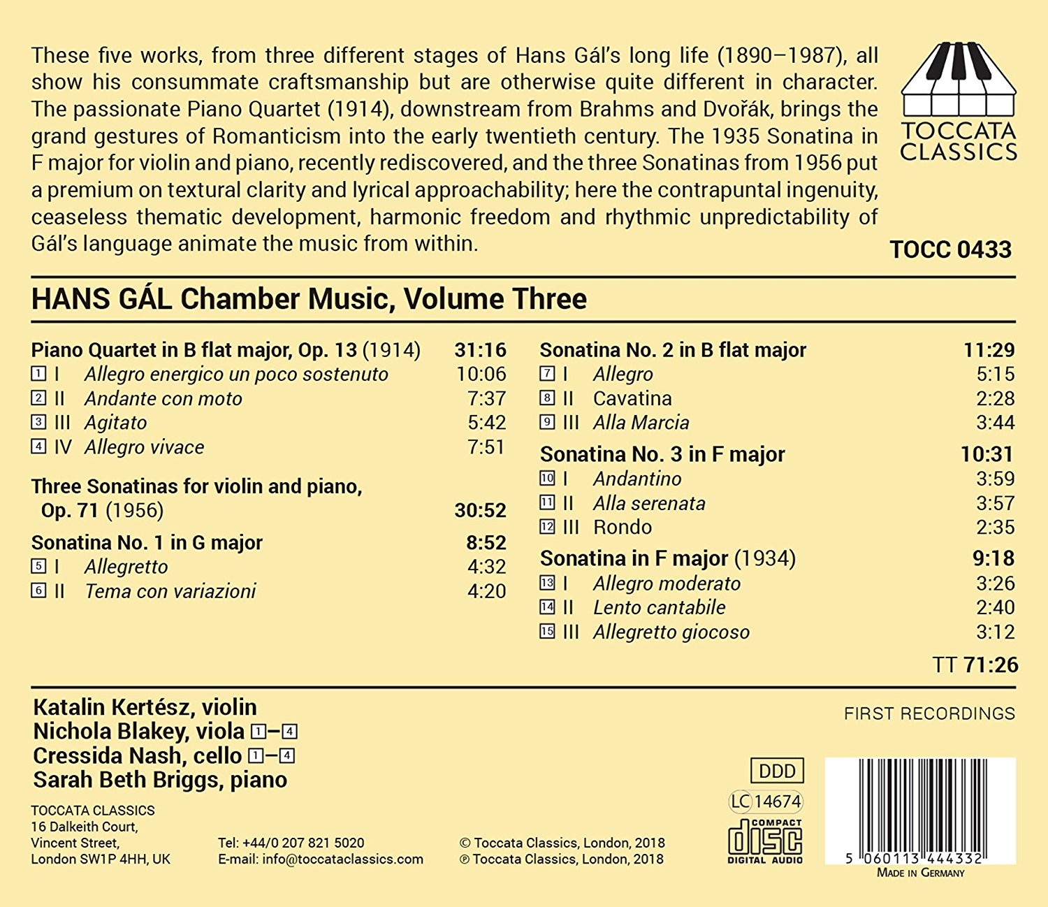 Katalin Kertesz, Nichola Blakey, Cressida Nash & Sarah Beth Briggs - Gál: Chamber Music, Vol. 3 (2018)