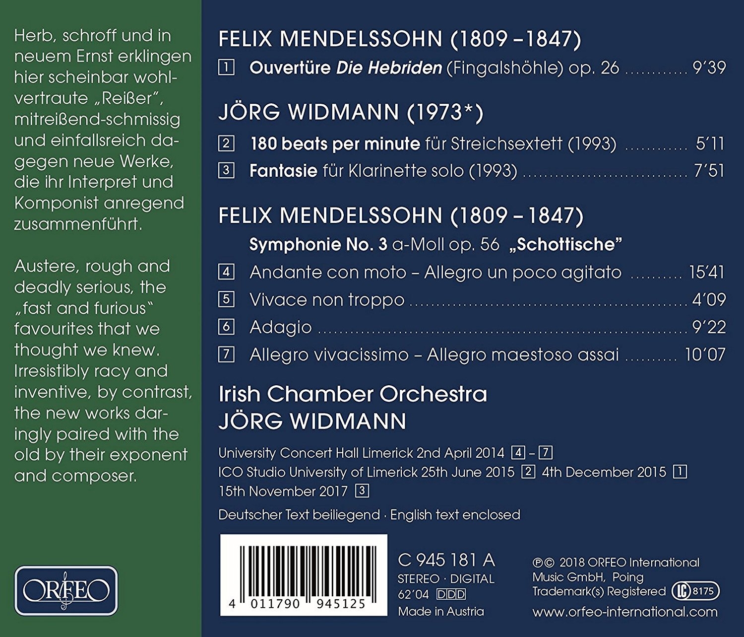 Irish Chamber Orchestra & Jörg Widmann - Mendelssohn: Symphony No. 3 (2018)