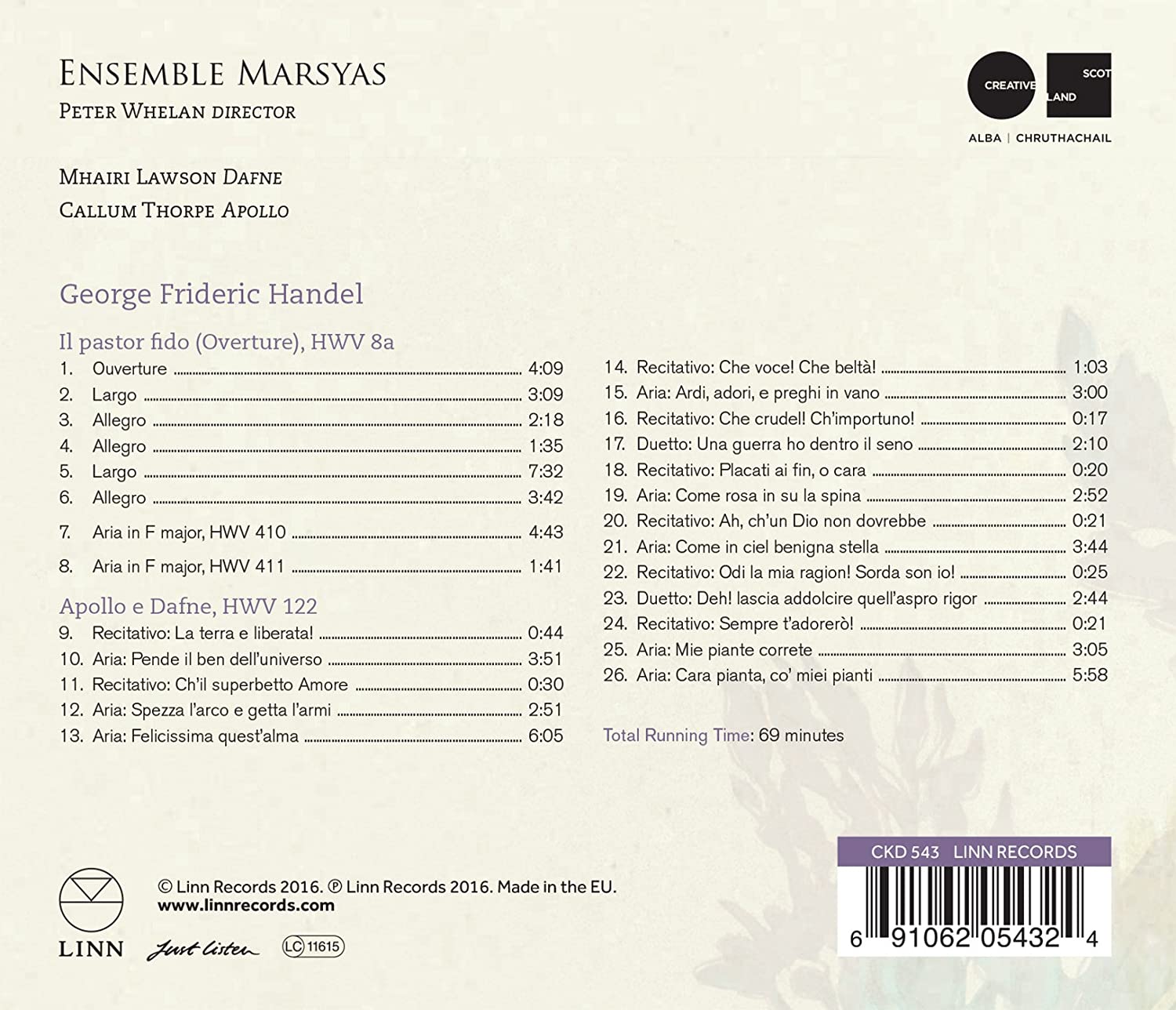 Ensemble Marsyas and Peter Whelan - Handel: Apollo e Dafne (2016) [Hi-Res]