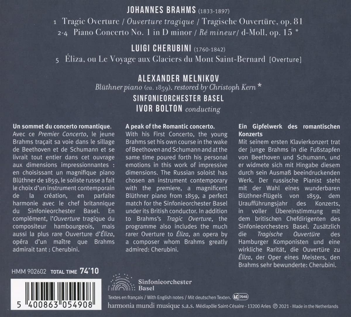 Alexander Melnikov, Sinfonieorchester Basel & Ivor Bolton - Johannes Brahms: Piano Concerto No. 1 & Tragic Overture - Cherubini: Éliza (Overture) (2021) [Hi-Res]