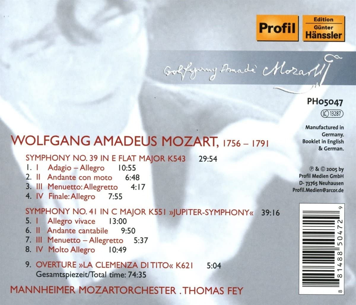 Mannheim Mozart Orchestra & Thomas Fey - Mozart: Symphony Nos. 39 and 41 / La Clemenza Di Tito: Overture (2005)