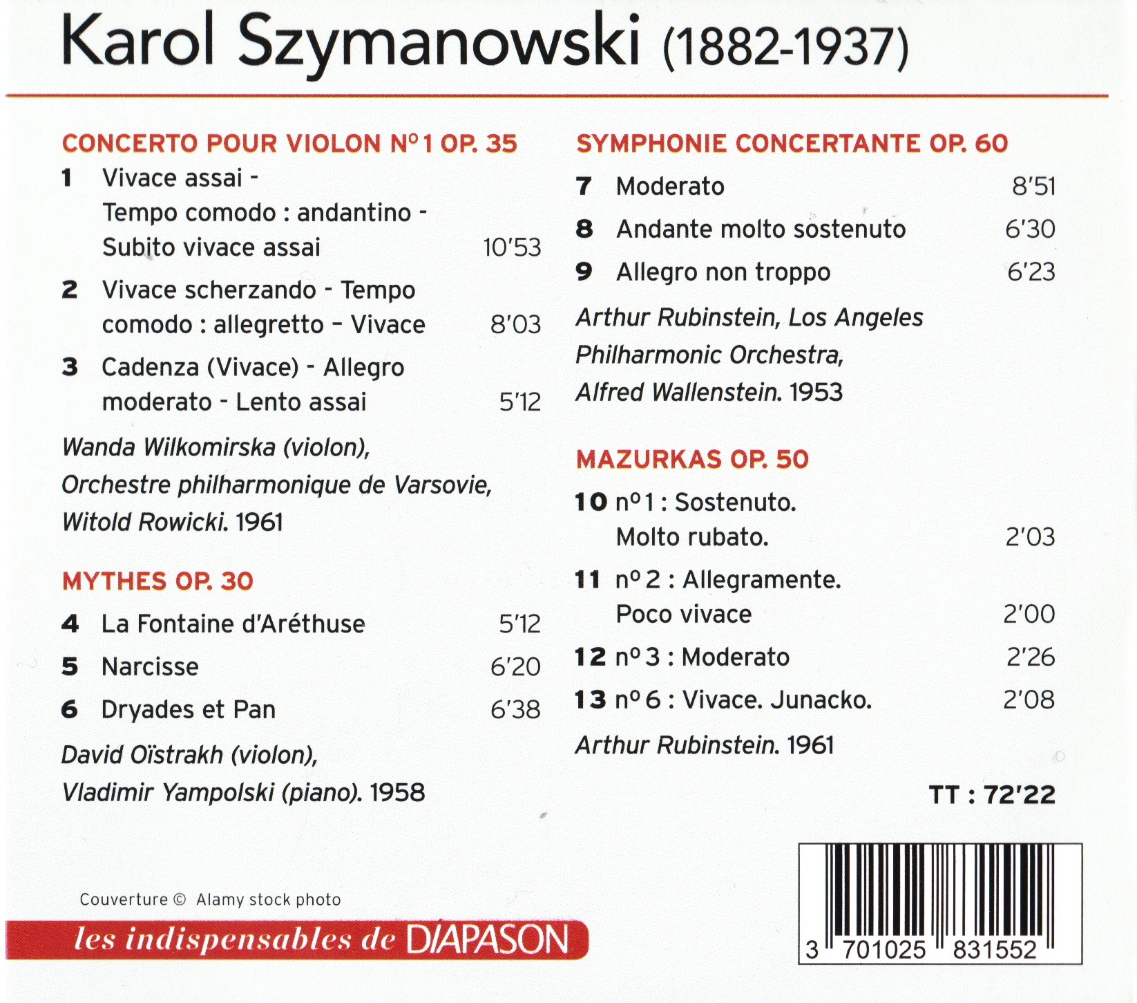 Wanda Wilkomirska, David Oistrach, Arthur Rubinstein - Szymanowski: Concerto pour violon n° 1 - Symphonie n° 4 - Mythes - Mazurkas (2021)