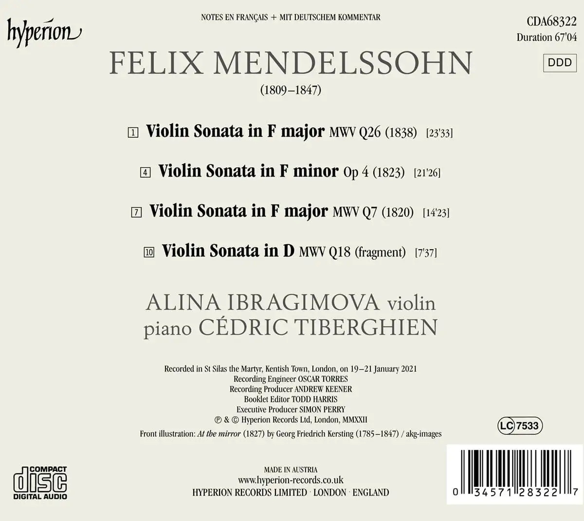 Alina Ibragimova, Cédric Tiberghien - Mendelssohn: Violin Sonatas (2022) [Hi-Res]