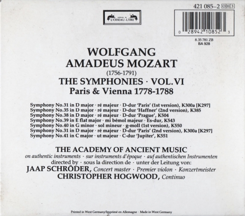 The Academy of Ancient Music, Christopher Hogwood - Mozart: The Symphonies, Vol. 6 Paris & Vienna 1778-1788 (1987) CD-Rip