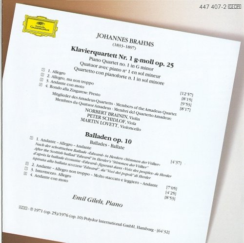 Emil Gilels, Amadeus Quartet - Brahms: Piano Quartet No.1, Balladen (1971-76) [1995]