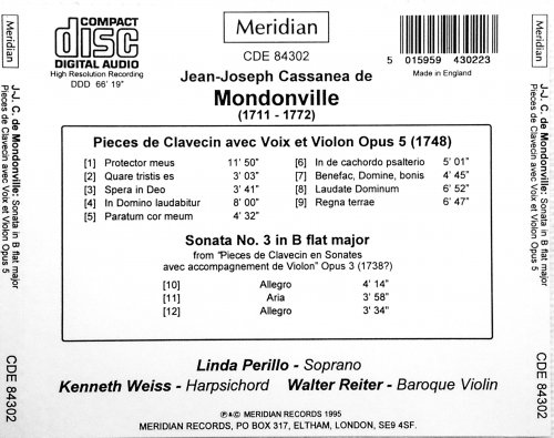 Linda Perillo, Kenneth Weiss & Walter Reiter - Mondonville: Pieces de Clavecin avec Voix et Violon Op. 5 & Sonata in B-Flat (1995)