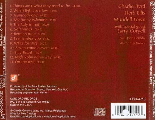Charlie Byrd, Herb Ellis, Mundell Lowe with Larry Coryell - The Return Of The Great Guitars (1996) CD Rip