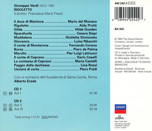 Aldo Protti, Mario del Monaco, Hilde Gueden / Rome Santa Cecilia Academy Chorus & Orchestra - Verdi: Rigoletto (1993)