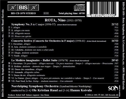 Norrkoping Symphony Orchestra, Ole Kristian Ruud, Hannu Koivula - Rota: Symphony No. 3, Concerto festivo & Le Molière (2001) CD Rip