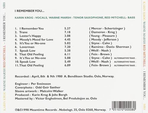 Karin Krog, Warne Marsh, Red Mitchell - I Remember You (1980) CD Rip