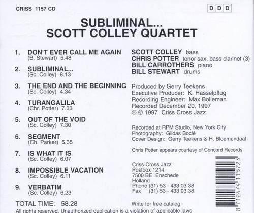 Scott Colley Quartet - Subliminal ... (1997) CD Rip